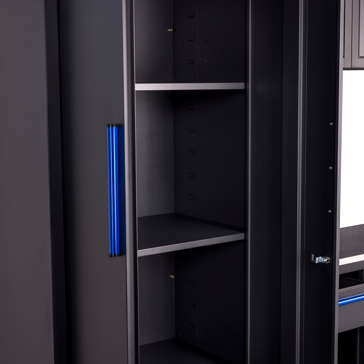 SGS 9pc Garage Storage System | Stainless Steel Worktop | 3x Floor Cabinets | 3x Upper Cabinets | 2x Tall Double Side Cabinets